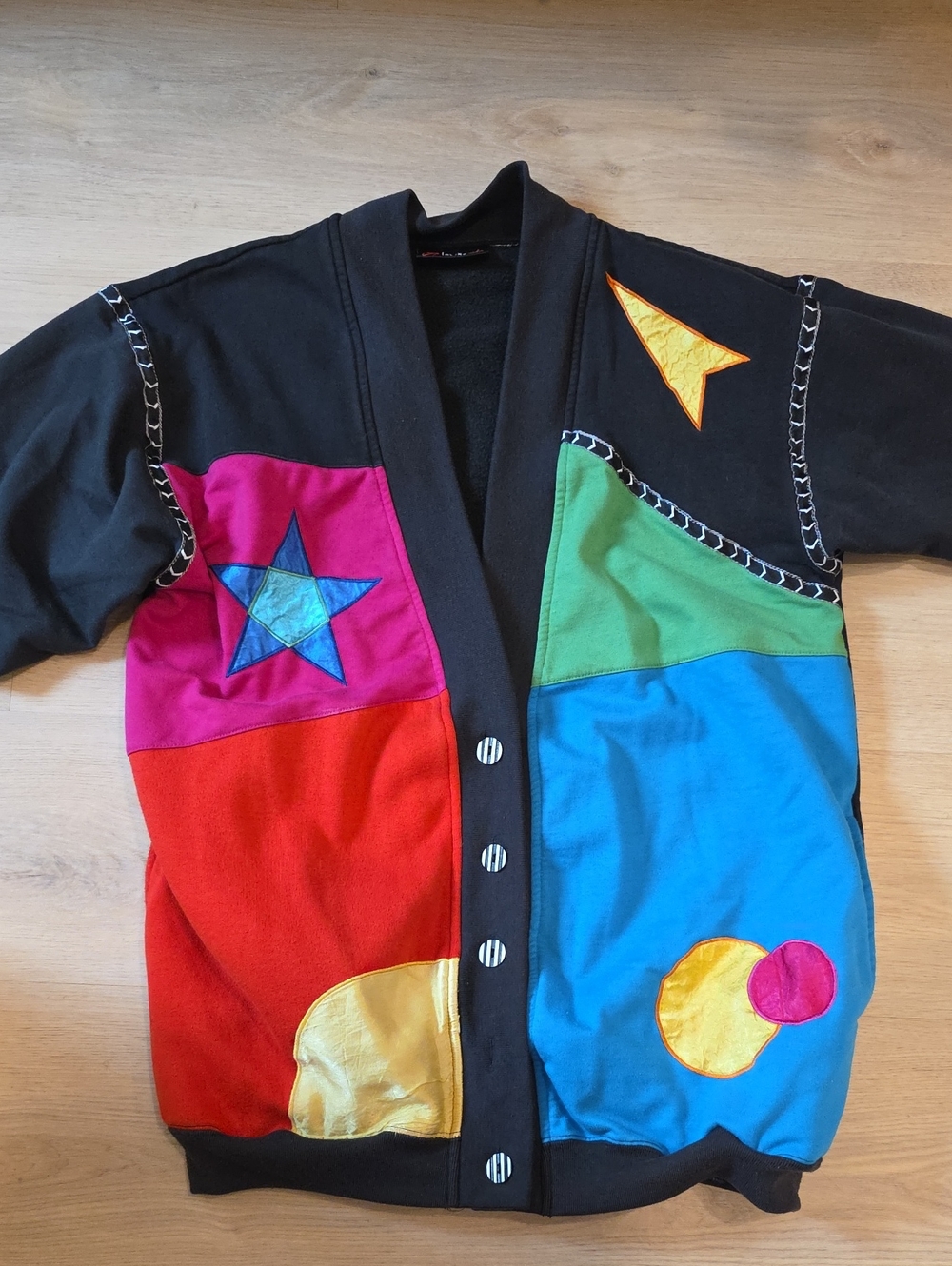 Colorblock Patchwork Women's Sweater Cardigan - Black with Multicolor Panels
